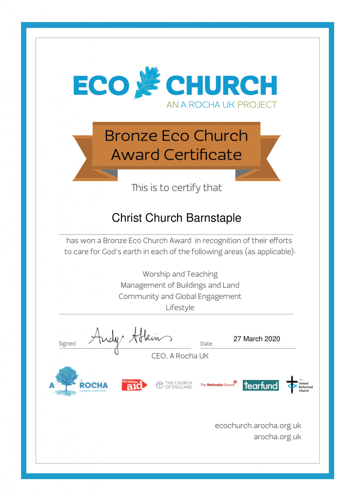 eco church bronze award certificate